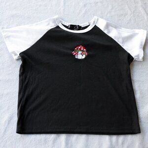 Mushroom Embroidered Black and White Short Sleeve Top | Indie Sleaze Cottage